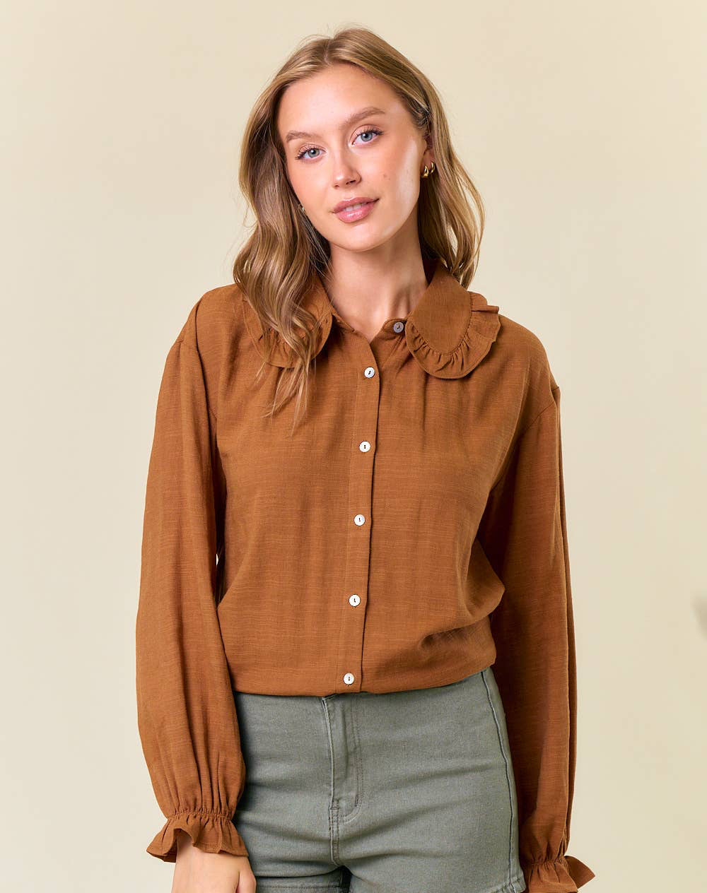 Ruffle Collar Drop Shoulder Oversized Blouse Rust Coffee