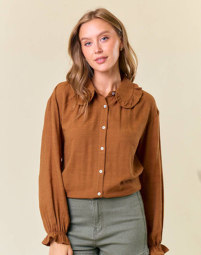 Ruffle Collar Drop Shoulder Oversized Blouse Rust Coffee
