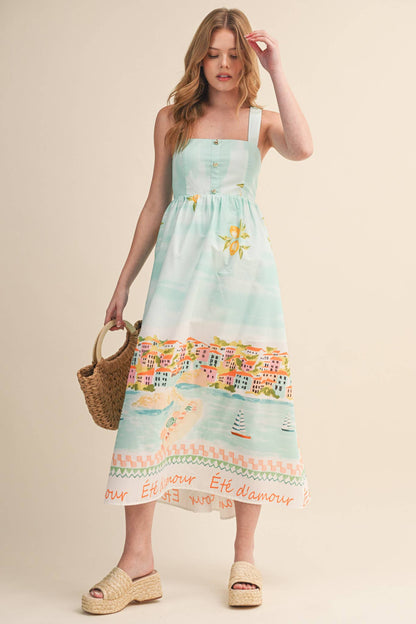 LETS GETAWAY LANDSCAPE PRINT BOW TYING MIDI DRESS BLUE