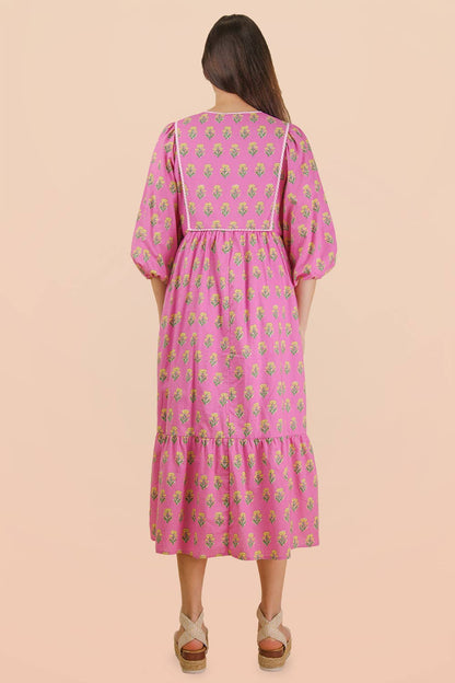 Printed Half Sleeve Midi Dress Pink Blue