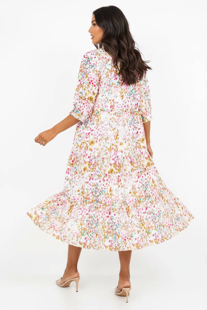 TIERED BOHO FLORAL MIDI DRESS 3/4 SLEEVES DETAIL RUFFLED NECK