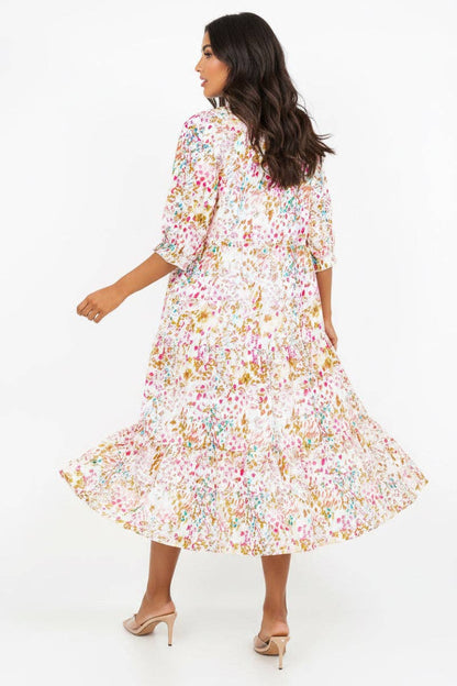 TIERED BOHO FLORAL MIDI DRESS 3/4 SLEEVES DETAIL RUFFLED NECK