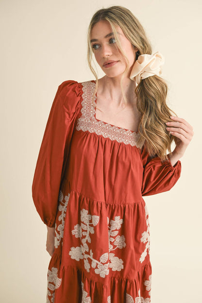 FLORAL EMBROIDERED TIERED MIDI DRESS RUST AMBER SQUARE NECK