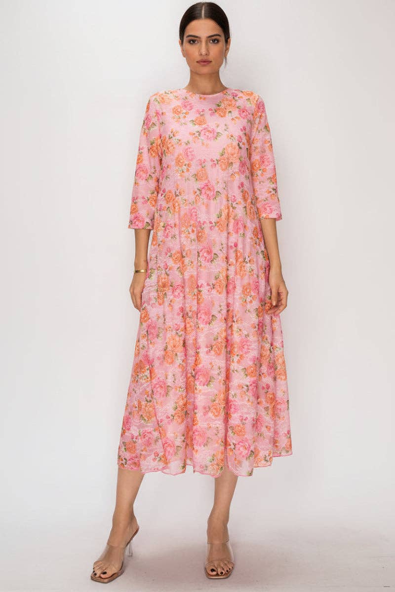 PLUS SIZE FLORAL LACE, DESIGNED WITH A MODEST ROUND NECK MIDI DRESS