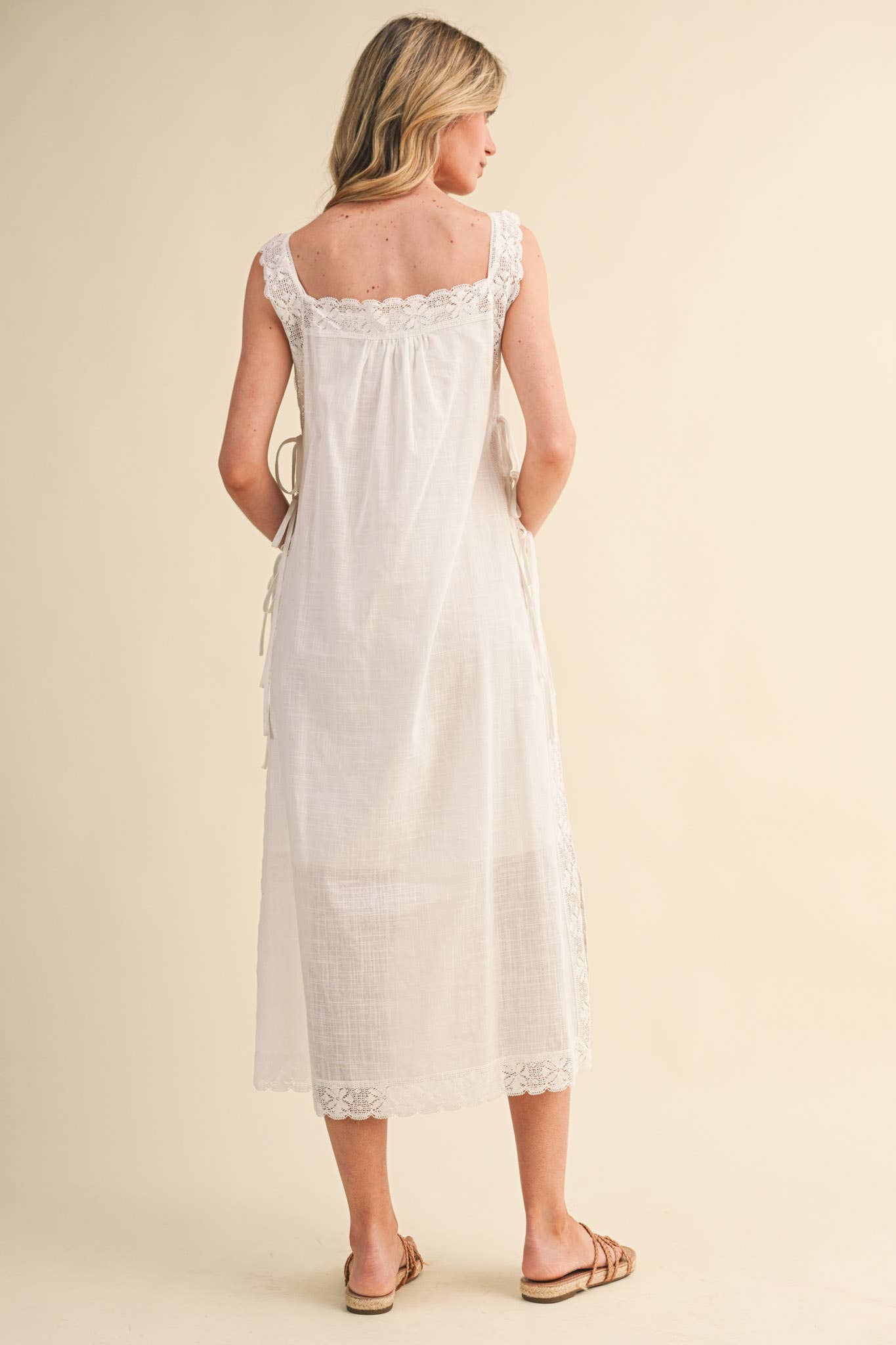 COTTON LACE TRIM SIDE TYING MIDI DRESS BLACK WHITE