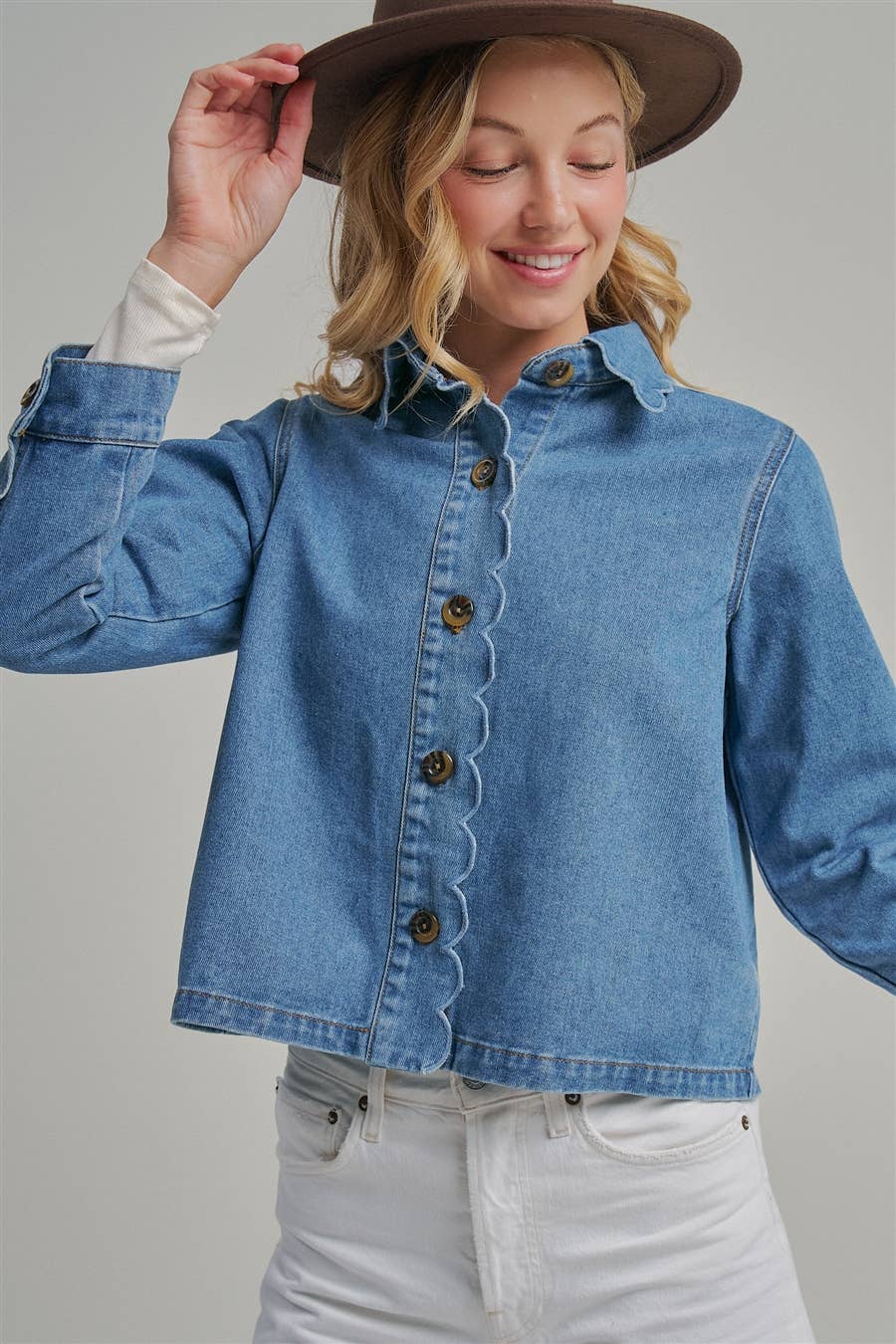 FALL DENIM BUTTON DOWN JACKET WITH SCALLOP EMBROIDERY COLLAR