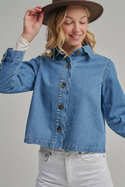 FALL DENIM BUTTON DOWN JACKET WITH SCALLOP EMBROIDERY COLLAR