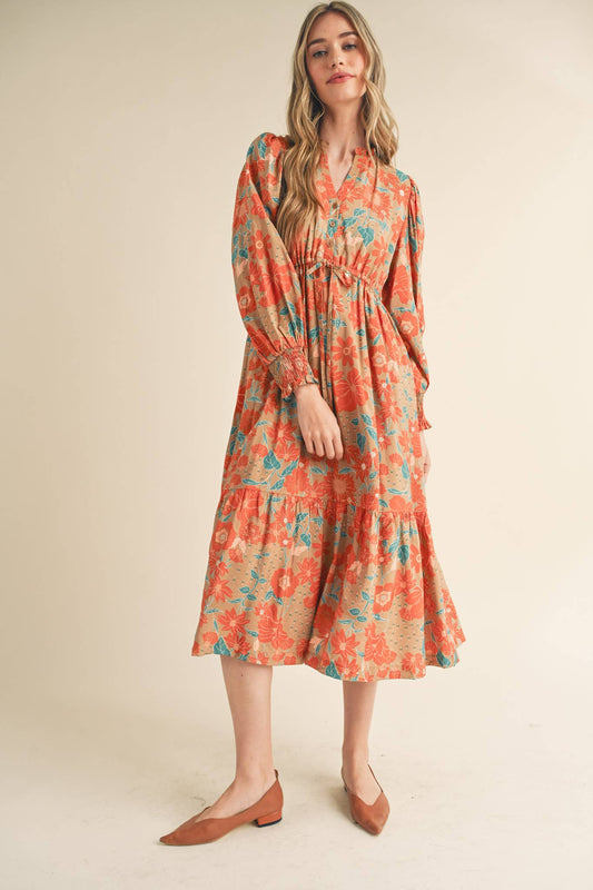 EXCLUSIVE PRINT BUTTON DOWN PUFF SLEEVE MIDI DRESS