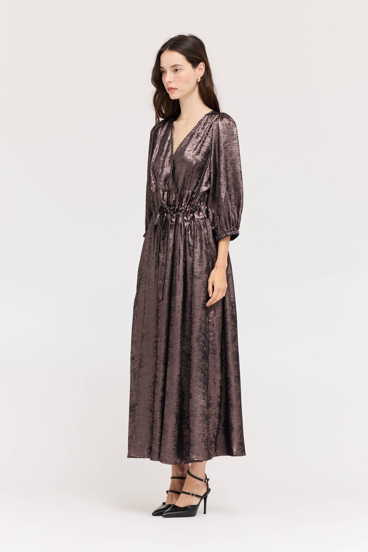 ESPRESSO BROWN TIE FRONT PLEAT WAIST SHINE DRESS