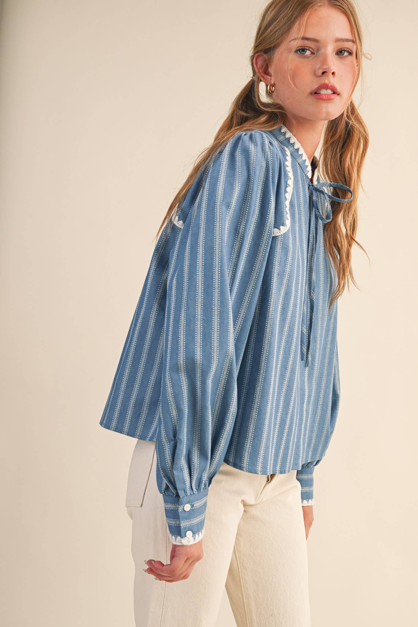 STRIPED PUFF SLEEVE TOP WITH BLANKET STITCH BLUE BLOUSE - PRE ORDER