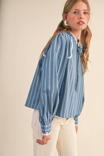 STRIPED PUFF SLEEVE TOP WITH BLANKET STITCH BLUE BLOUSE - PRE ORDER