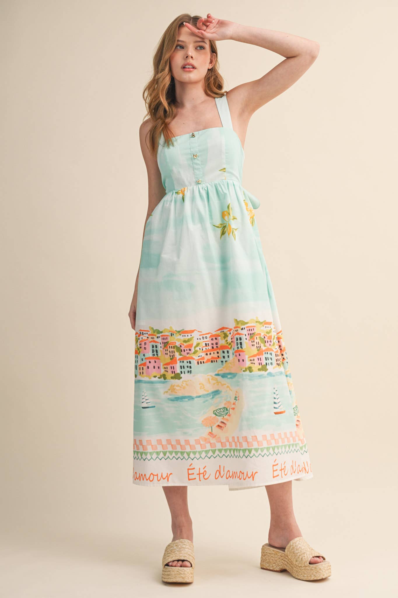 LETS GETAWAY LANDSCAPE PRINT BOW TYING MIDI DRESS BLUE
