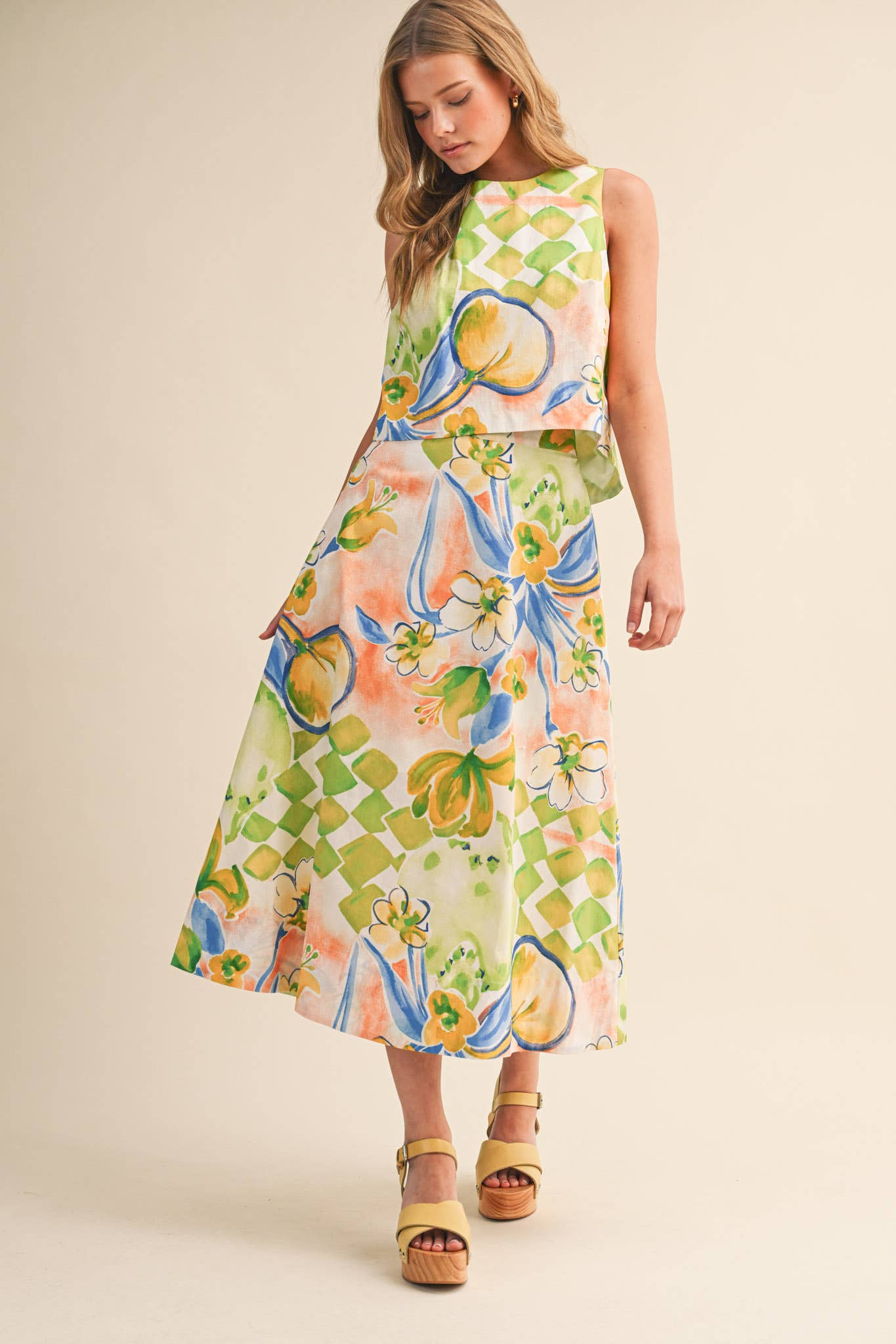 FLORAL PRINT CROP TANK AND MIDI SKIRT SET - MULTIPLE COLORS