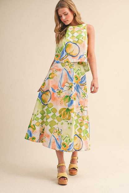 FLORAL PRINT CROP TANK AND MIDI SKIRT SET - MULTIPLE COLORS