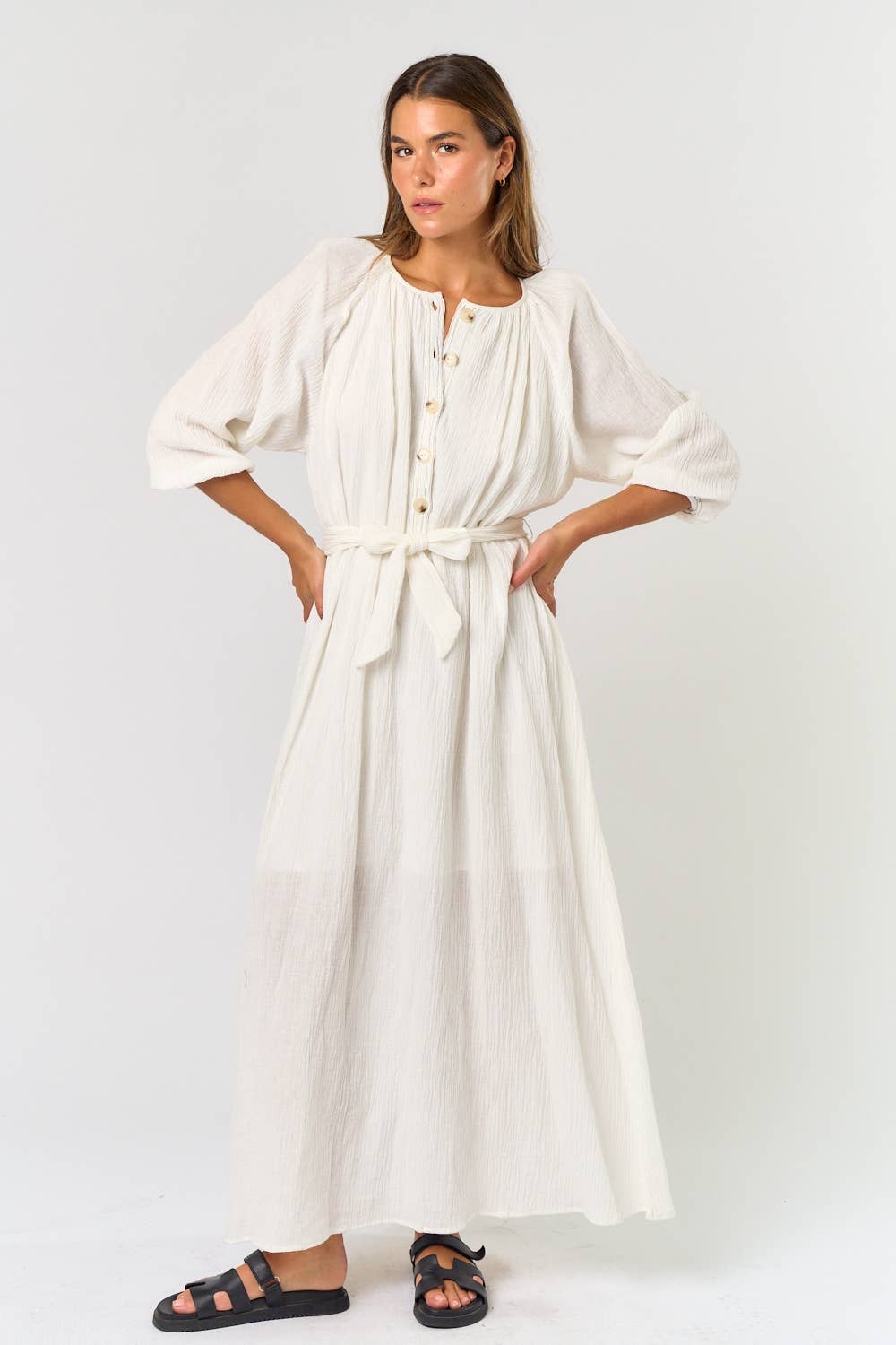 Puff Sleeve Linen Button Down Belted Maxi Dress