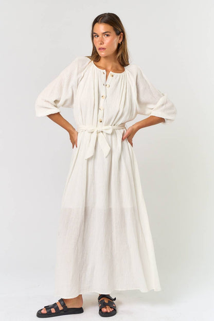 Puff Sleeve Linen Button Down Belted Maxi Dress
