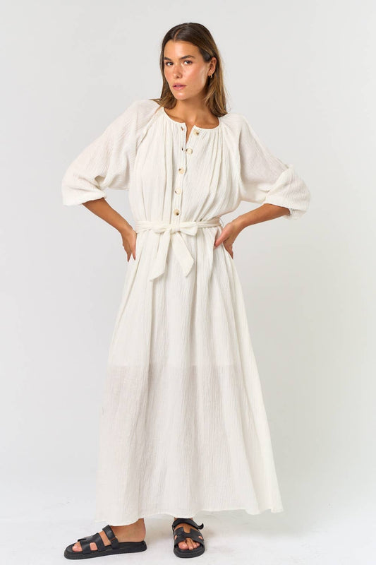 Puff Sleeve Linen Button Down Belted Maxi Dress