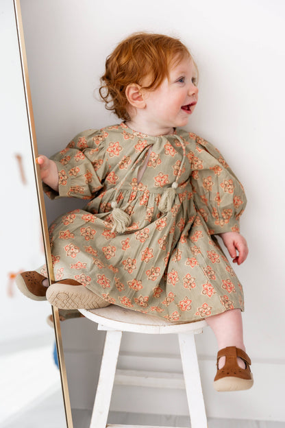 Sage-Green Floral Printed Sleeve Gathered Dress
