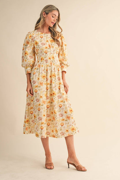 Yellow Floral Pleated Waist Midi Dress