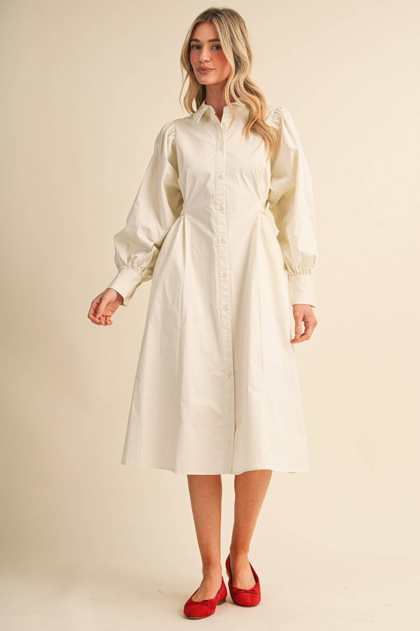 BUTTON DOWN BELTED MIDI DRESS CREAM
