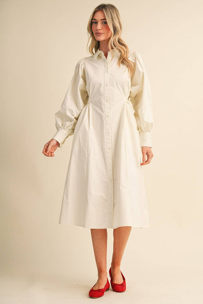 BUTTON DOWN BELTED MIDI DRESS CREAM