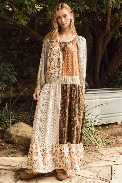 Mixed Floral Print Tiered Midi Dress