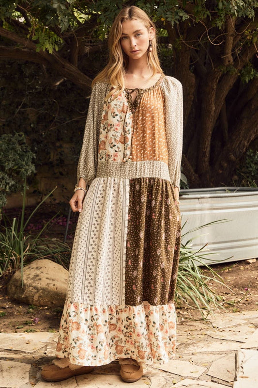 Mixed Floral Print Tiered Midi Dress
