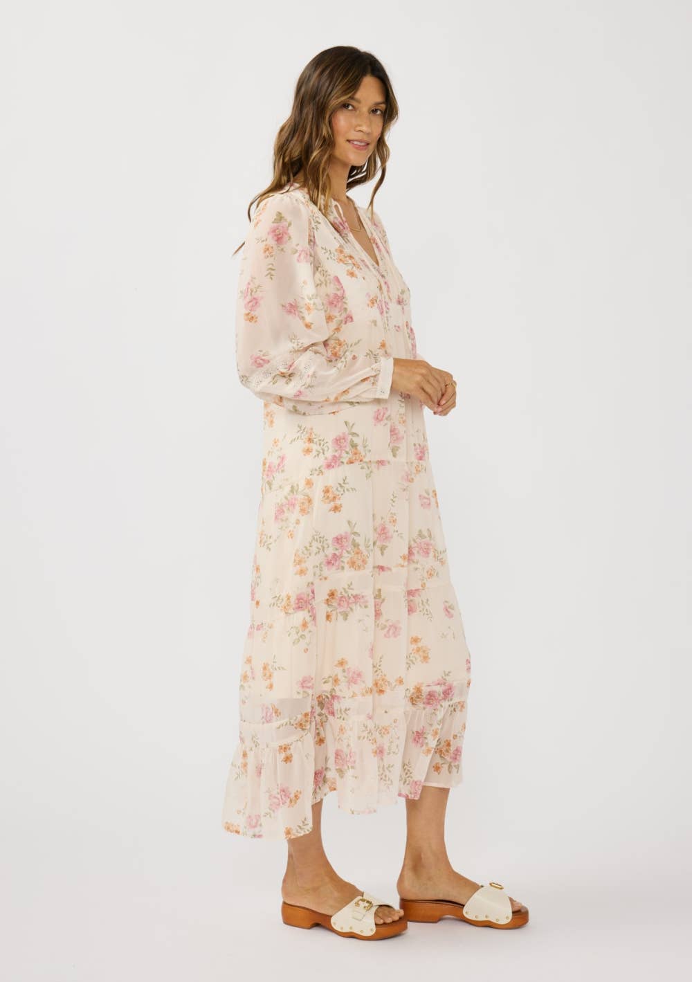 Pink Floral Lace Front Flowy Midi Dress
