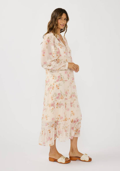 Pink Floral Lace Front Flowy Midi Dress