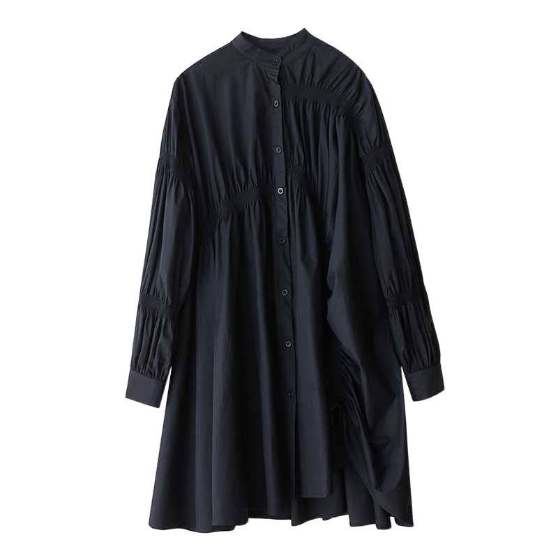 Black Relaxed Ruched Gathered Shirt Dress
