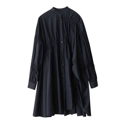 Black Relaxed Ruched Gathered Shirt Dress