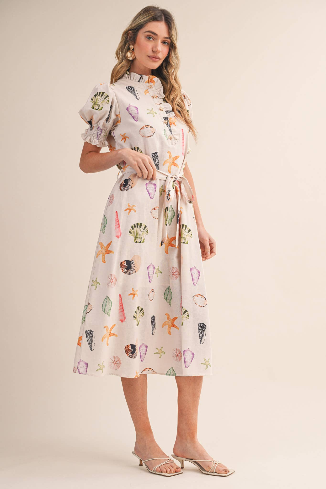 SEASHELL PRINT RUFFLE COLLAR BELTED MIDI DRESS