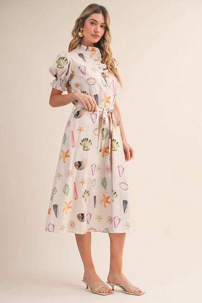 SEASHELL PRINT RUFFLE COLLAR BELTED MIDI DRESS
