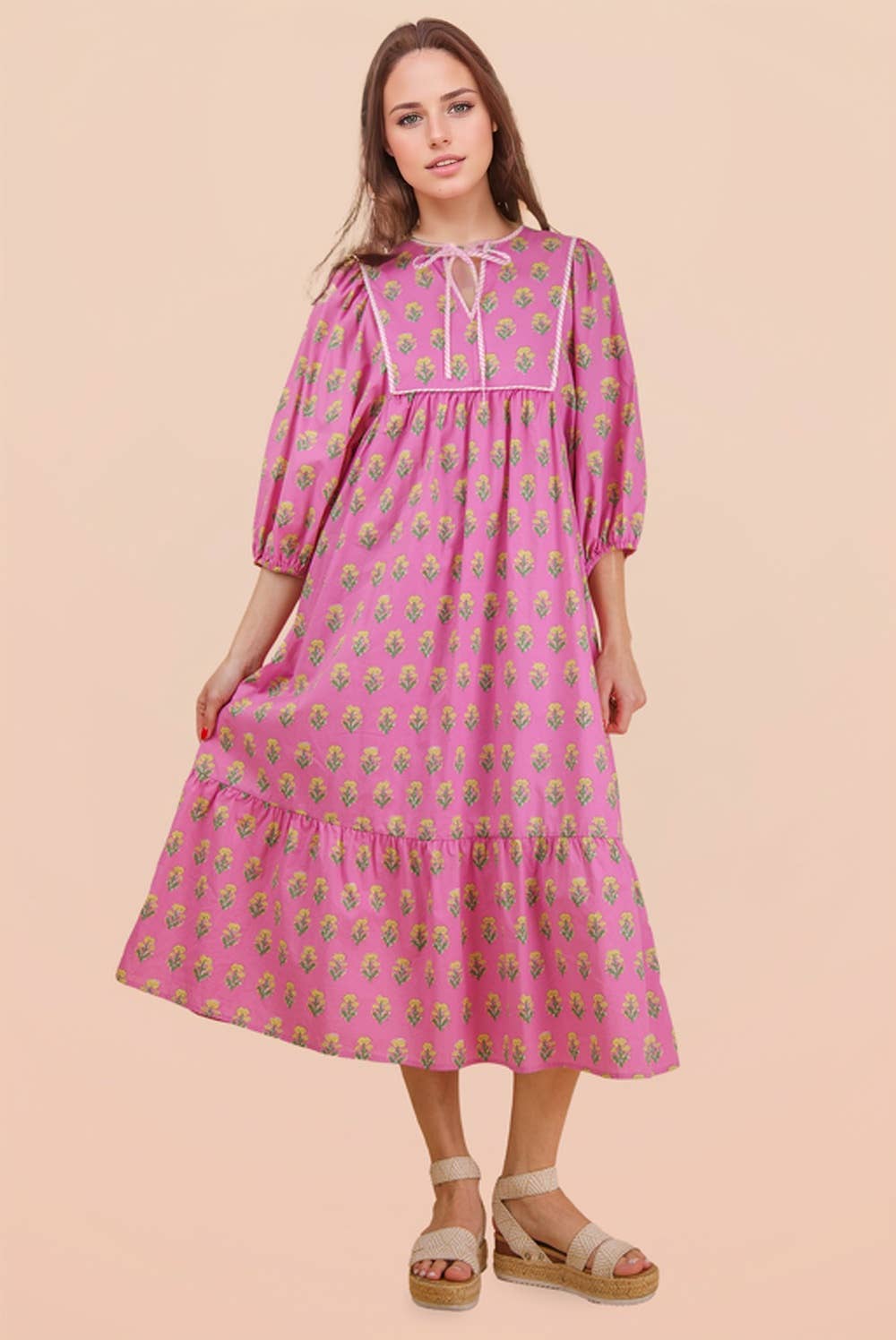 Printed Half Sleeve Midi Dress Pink Blue