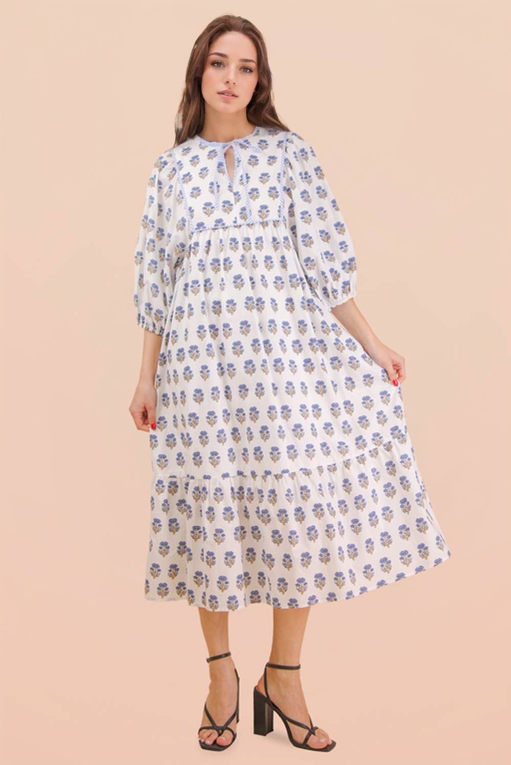 Printed Half Sleeve Midi Dress Pink Blue