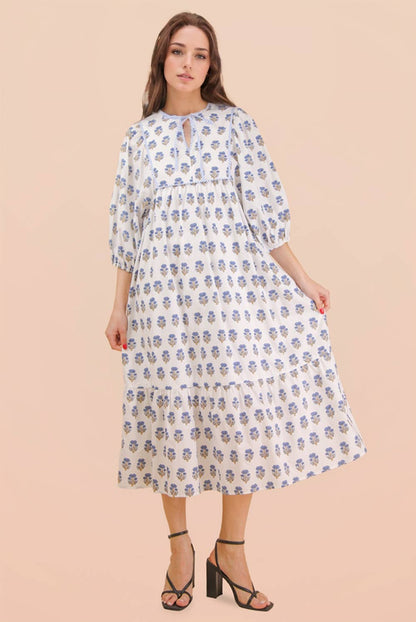 Printed Half Sleeve Midi Dress Pink Blue