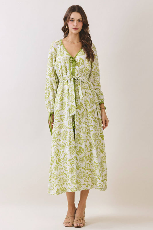 Floral Tie Front Button Placket Down Midi Dress