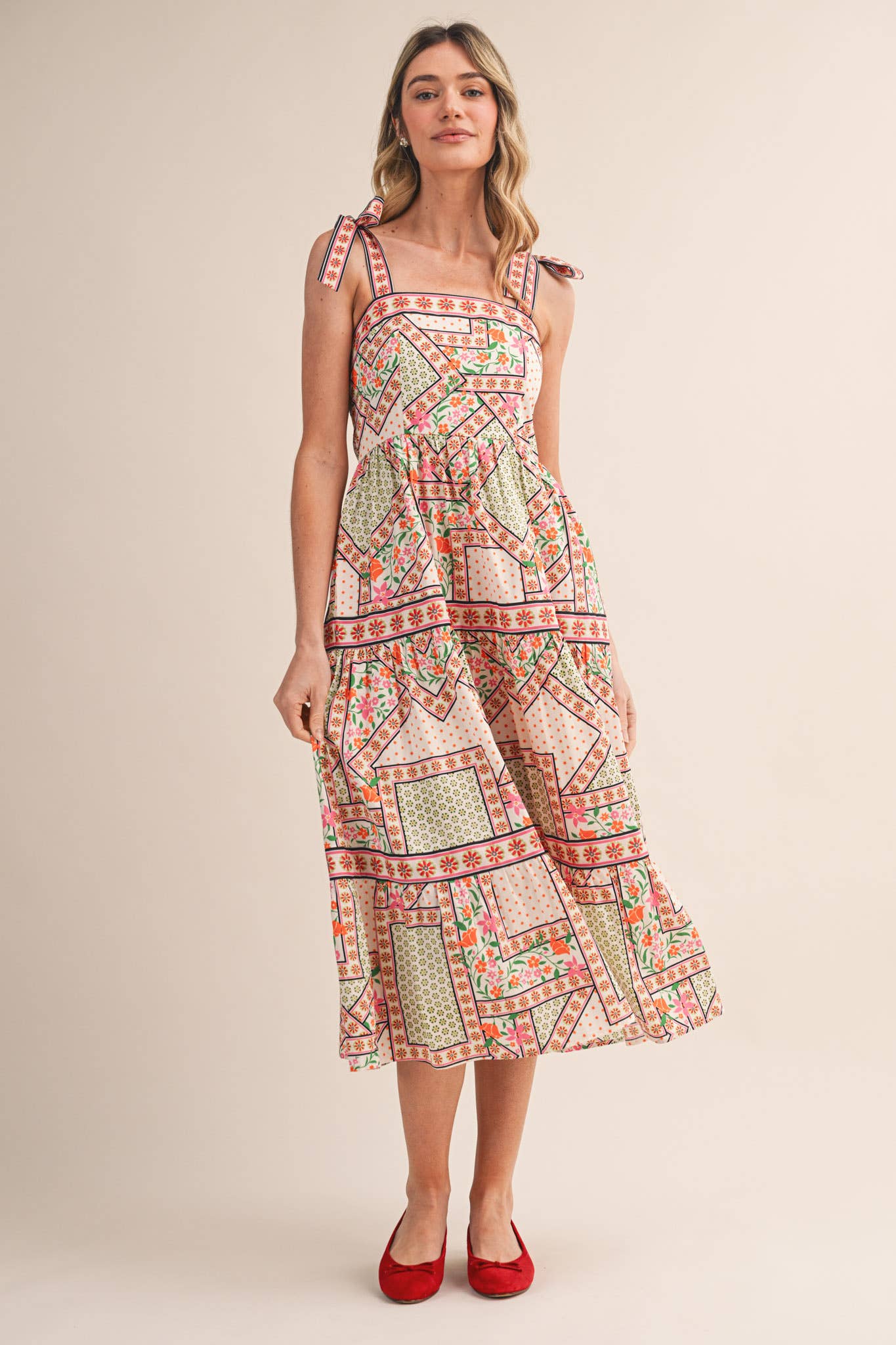 FLORAL PATCHWORK TIE STRAP SHOULDER MIDI DRESS PINK