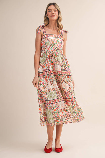 FLORAL PATCHWORK TIE STRAP SHOULDER MIDI DRESS PINK