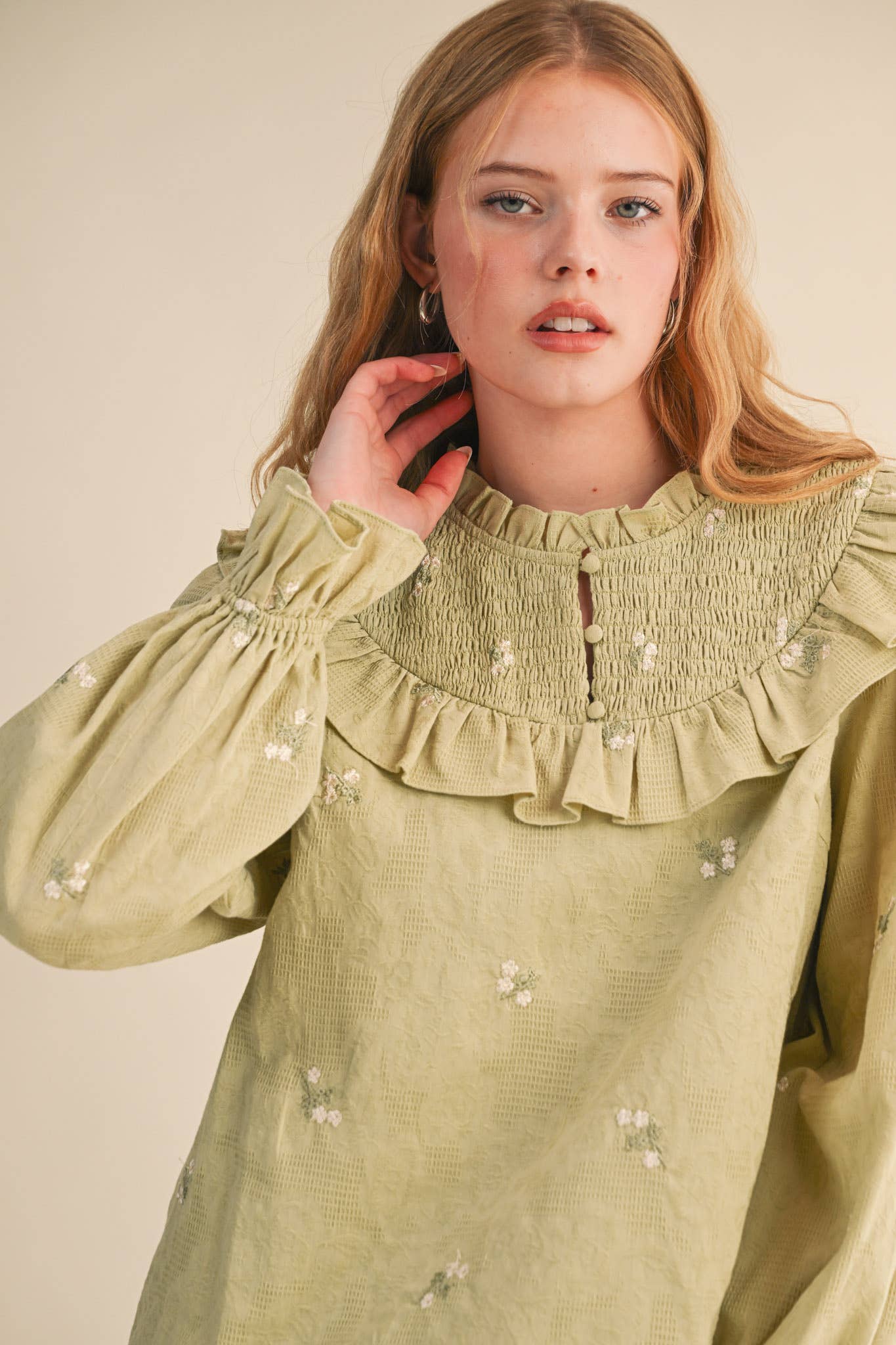 RUFFLED SMOCKED YOKE EMBROIDERED BLOUSE Multiple Color - PRE ORDER