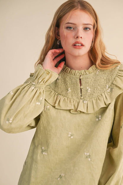 RUFFLED SMOCKED YOKE EMBROIDERED BLOUSE Multiple Color - PRE ORDER