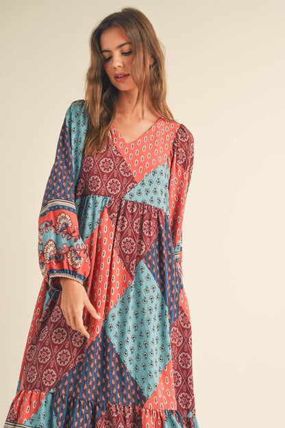 PATCHWORK PRINT BALLOON SLEEVE MIDI DRESS
