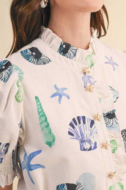 SEASHELL PRINT RUFFLE COLLAR BELTED MIDI DRESS