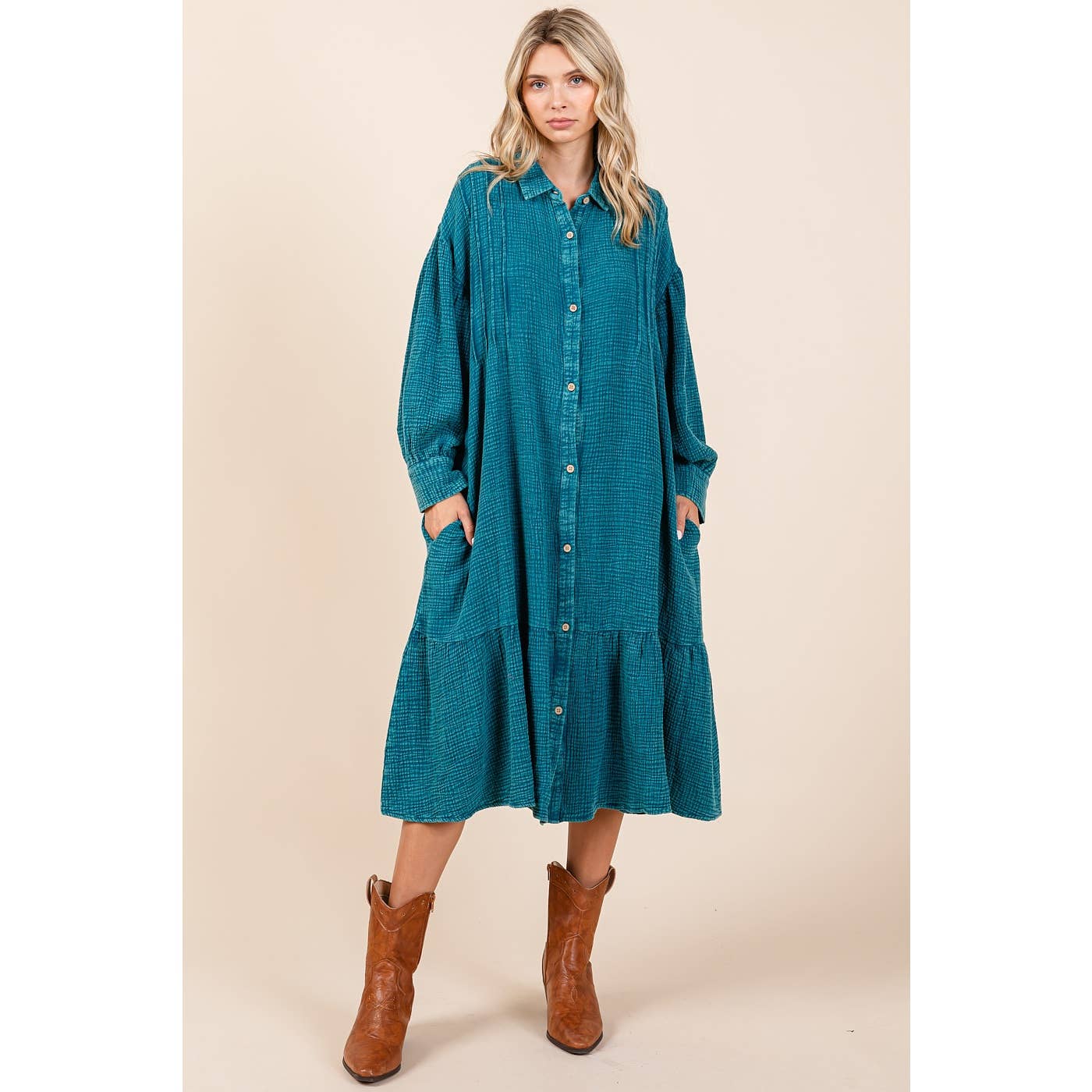 MINERAL WASH COTTON GAUZE RUFFLE MIDI SHIRT OVERSIZE DRESS