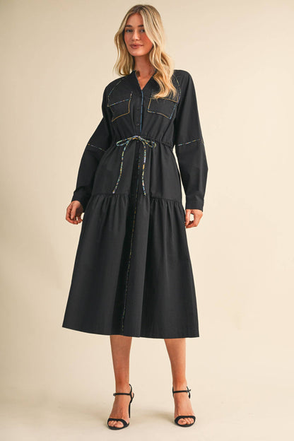 UTILITY MIDI DRESS WITH CONTRAST PIPING TRIM