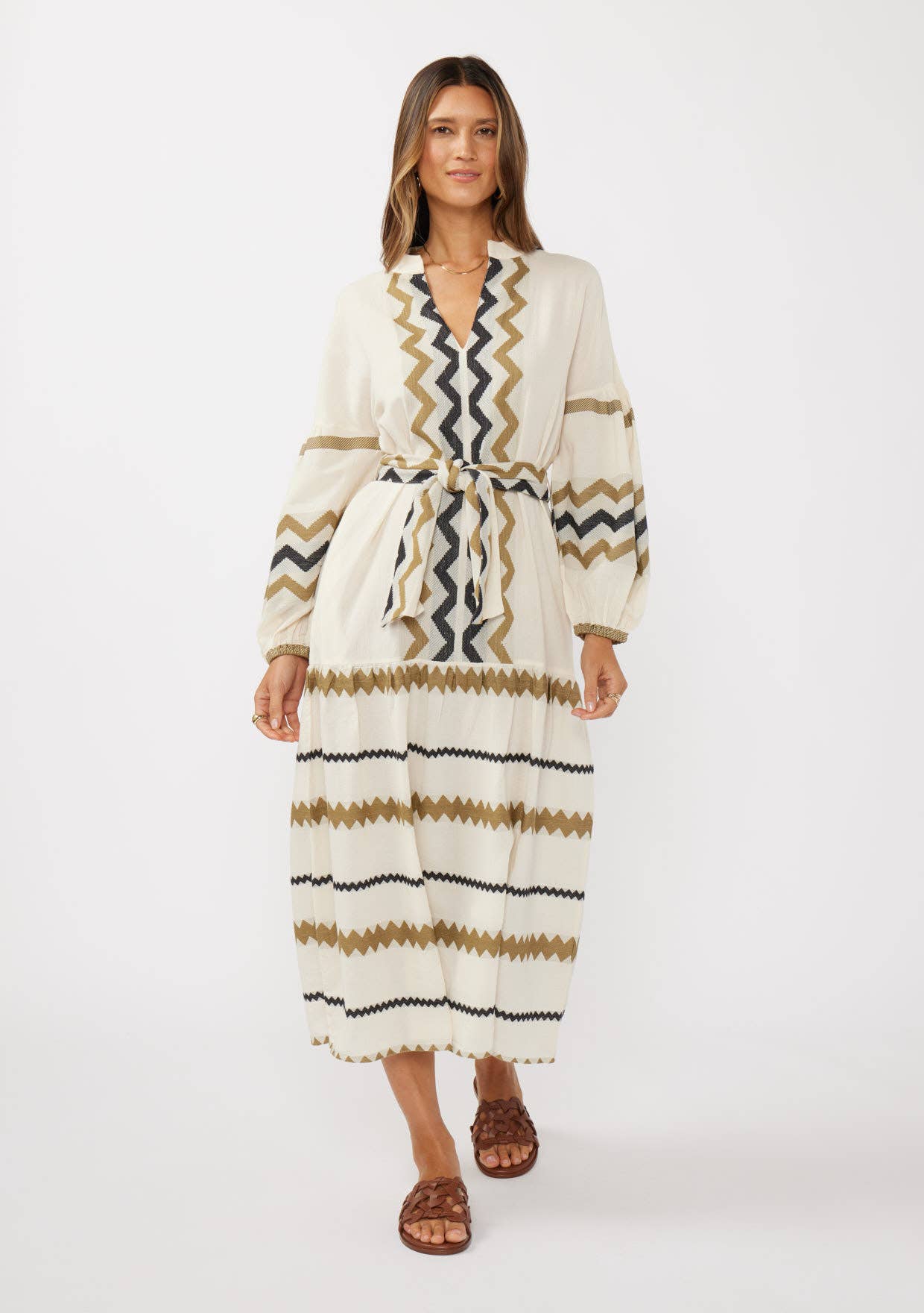 Blouson Sleeve Tiered Maxi Dress with Waist Tie