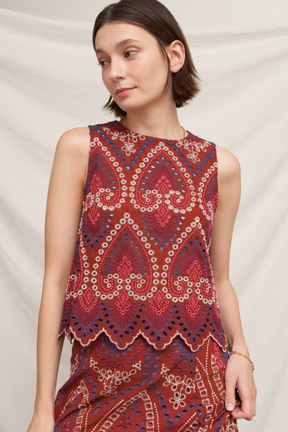 Eyelet Embroidered Blouse and Midi Skirt with Uneven Hem Scallop