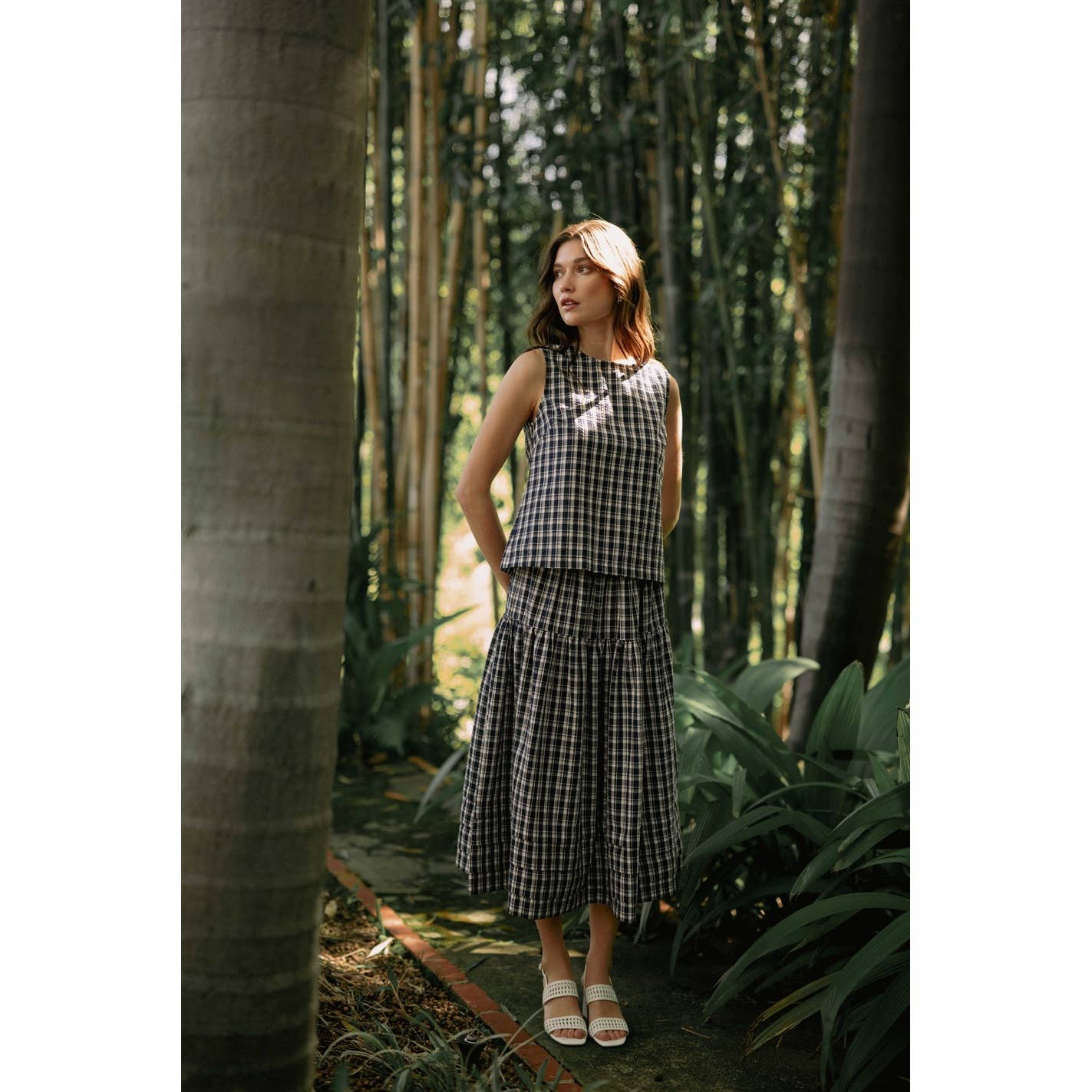 GINGHAM PRINTED SLEEVELESS BUTTONBACK TANK TOP - PRE ORDER