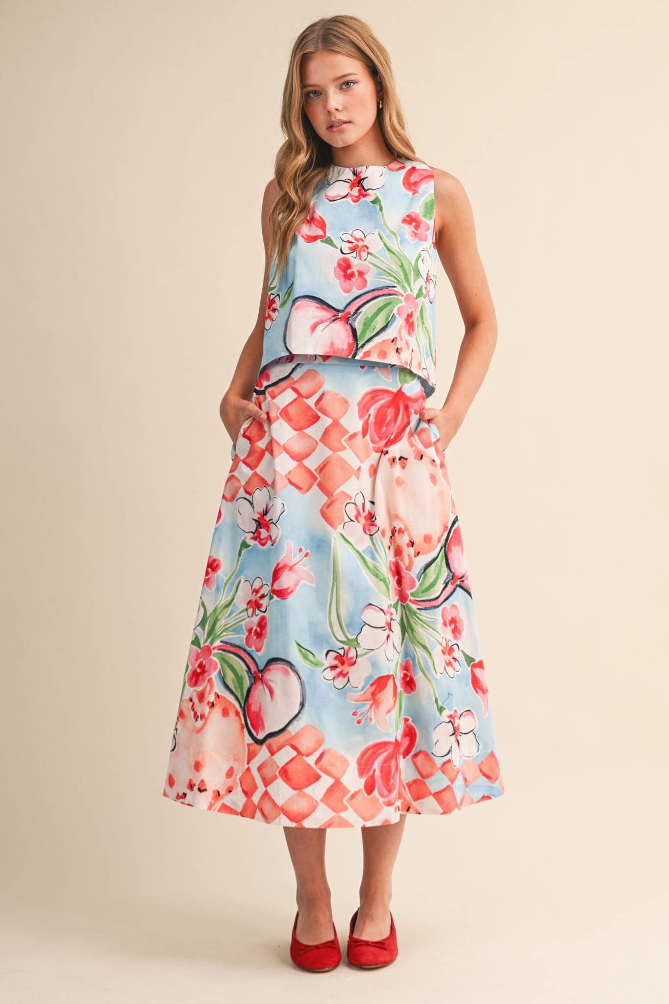 FLORAL PRINT CROP TANK AND MIDI SKIRT SET - MULTIPLE COLORS