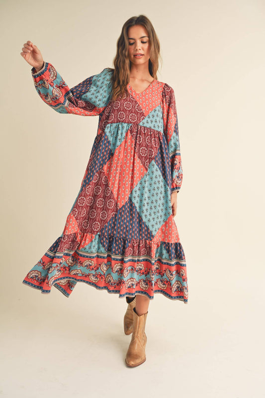 PATCHWORK PRINT BALLOON SLEEVE MIDI DRESS